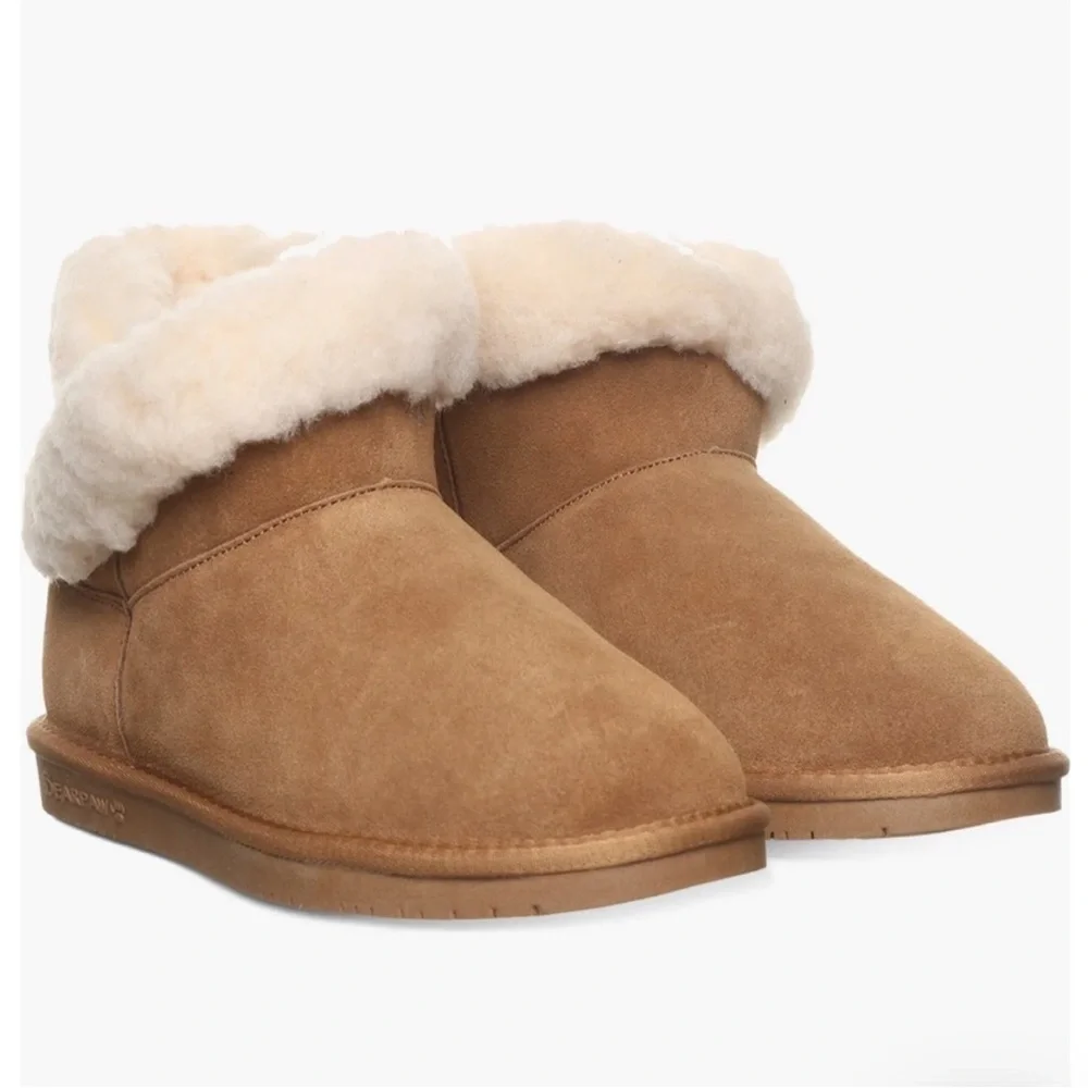 New Bearpaw Slip On Shearling Lined Winter Sherpa Cozy Short Booties Chestnut- 7